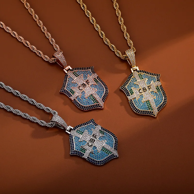 Hip Hop Zircon Dripped Oil World Football Club Badge Necklace