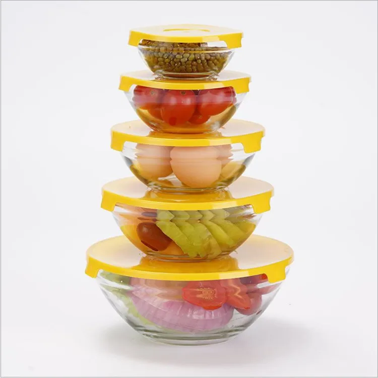  5pcs Hot Sale eco friendly Round Home Clear Heat Resistant With Lid Fruit Salad Food Glass Bowl