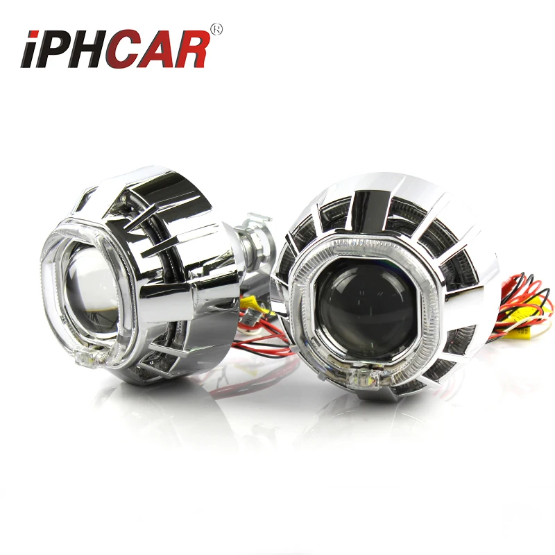 IPHCAR square hid projector lens dual led angel eyes hid projector lens kit Xenon Lights H7