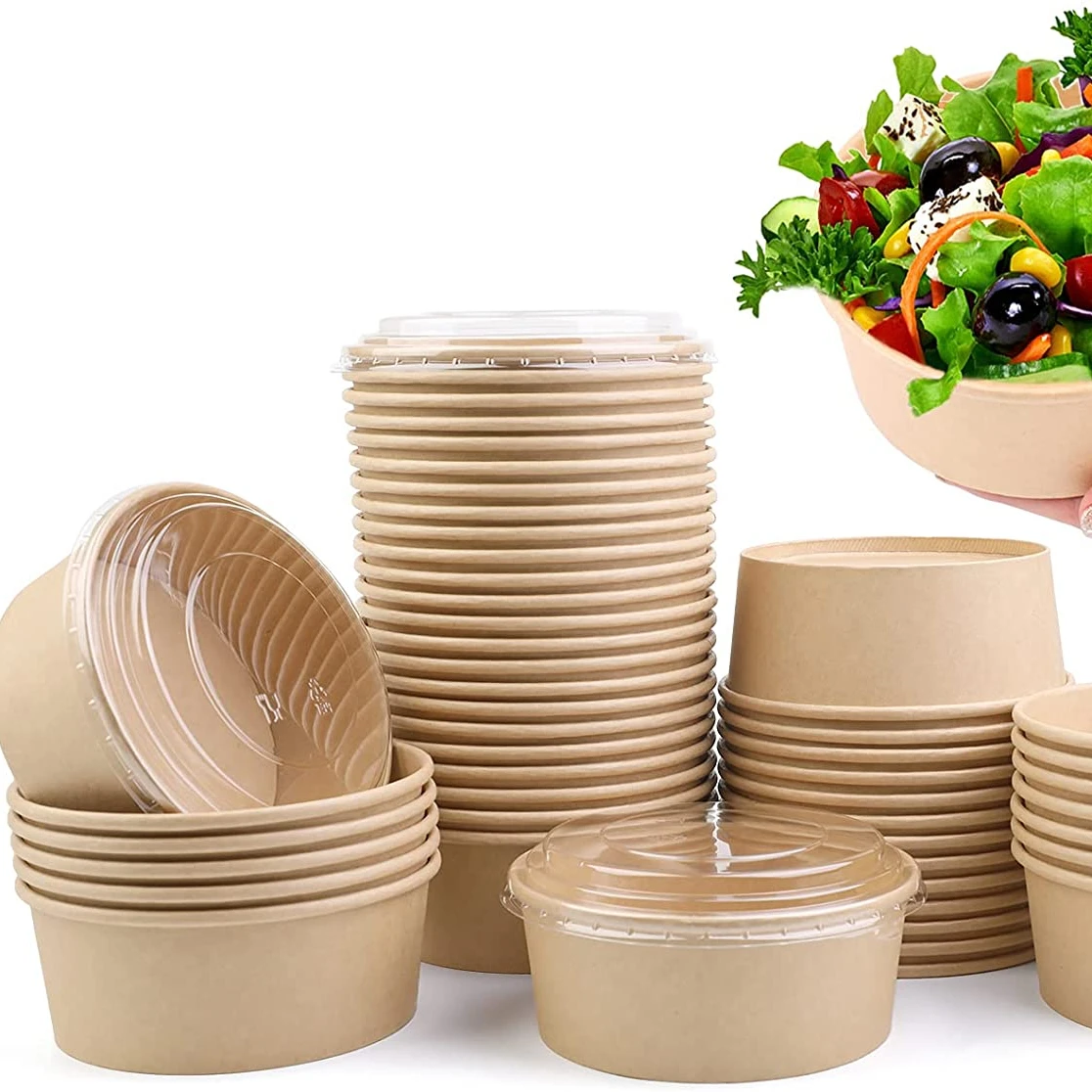 Kraft Paper Salad Bowls with Clear Lids Disposable Round Shape Kraft Food Containers Suit for Gatherings and Parties.