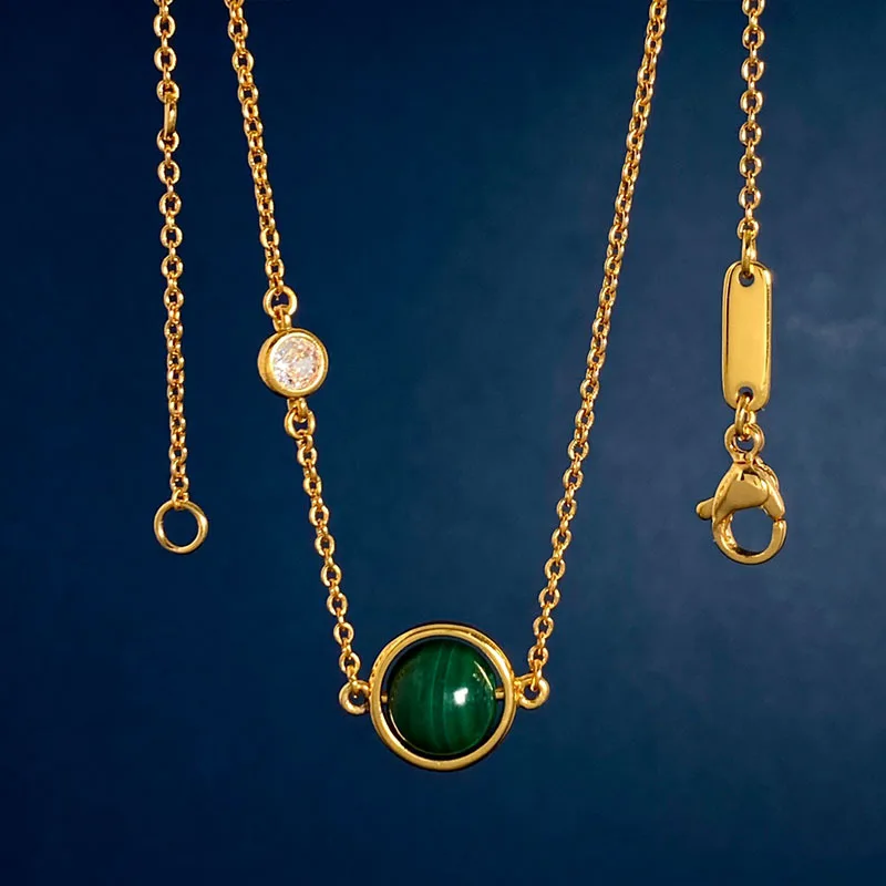 Lucky Fortune Rotate Bead Natural Onyx Malachite Round Solitaire Diamond Necklace