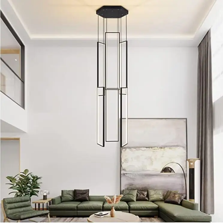 Large Stairs Chandelier High Ceiling Adjustable Black Rectangle Chandelier Lighting Fixture Hanging Modern Pendant Light