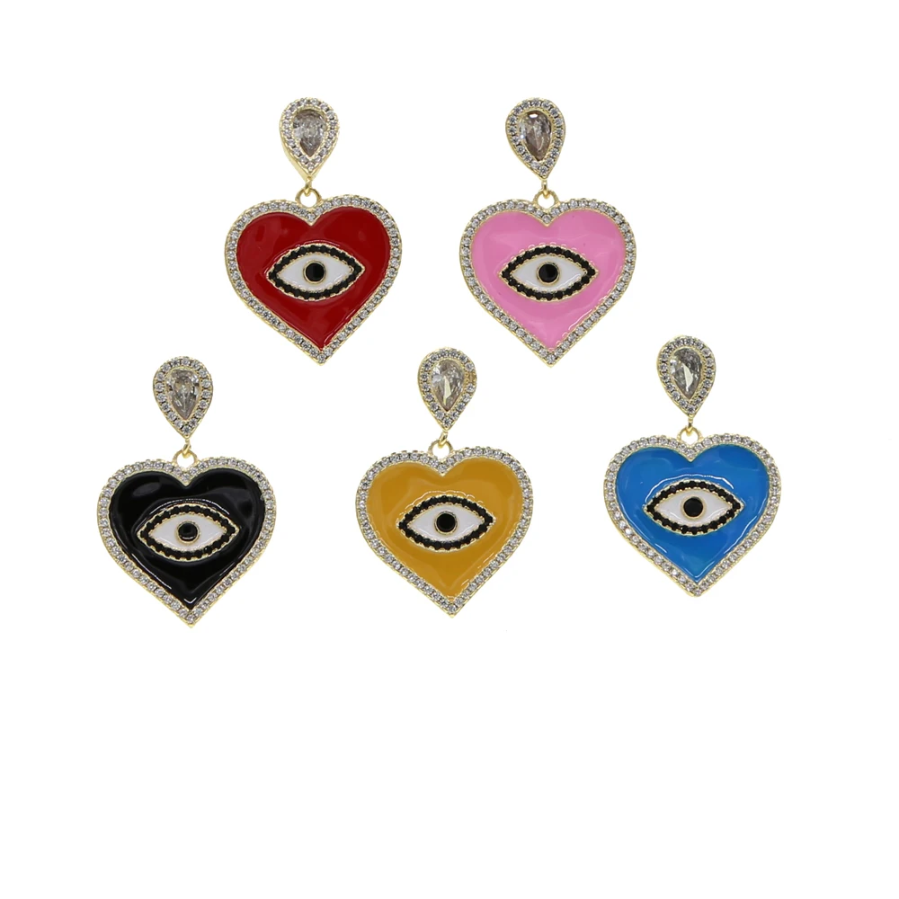 Promotion Heart shape dangle charm earring Gold filled 5 colorful enamel evil eye heart lucky turkish jewelry