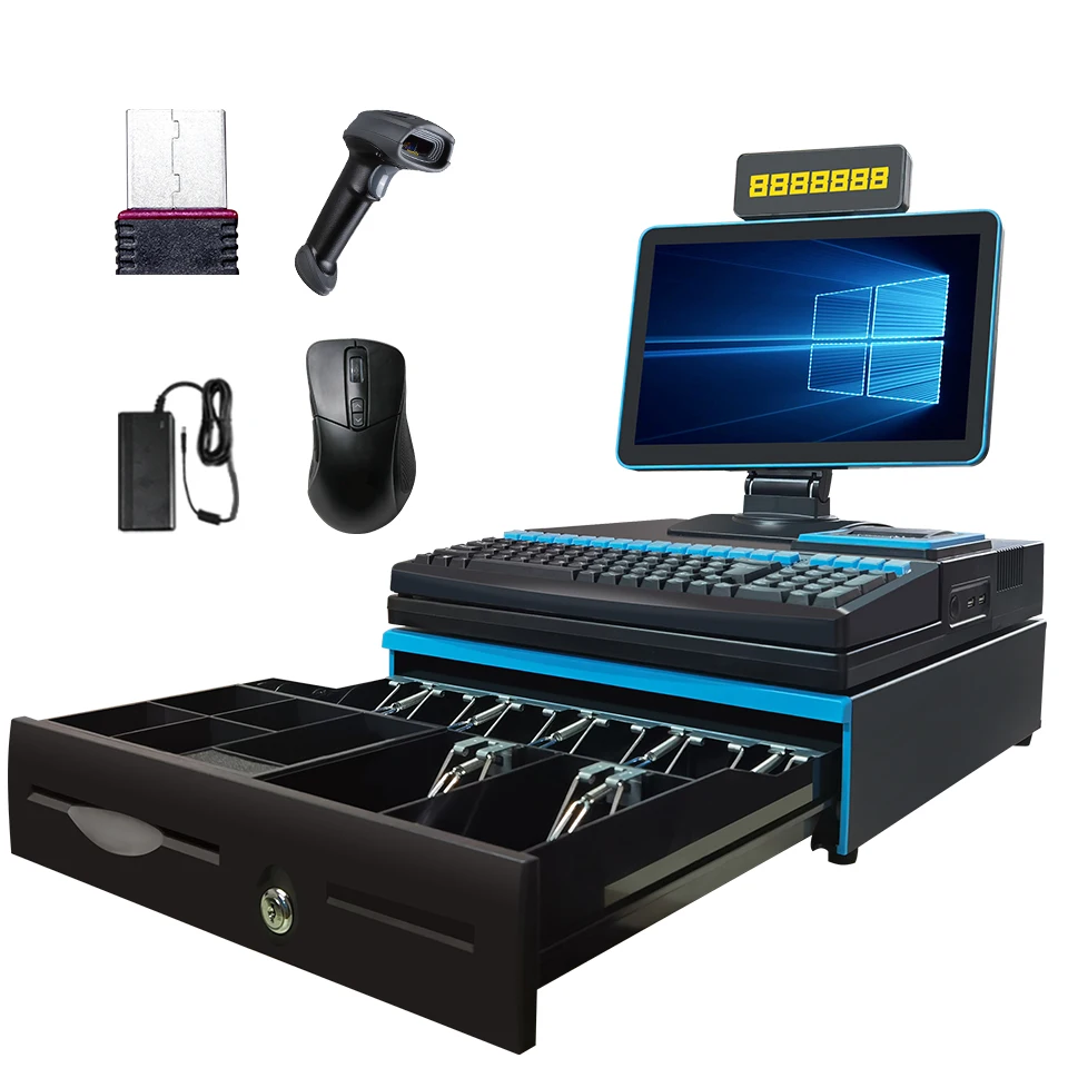 15 Inch Duel Screen POS Machine Factory Price All in One POS System with Printer  Electronic Cash Register