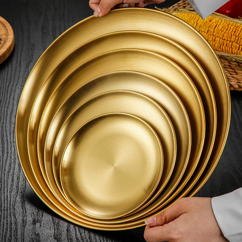 Korean restaurant 14~36cm meat plate Kimchi dish hotel stainless steel round dinner plate fruit cake tray