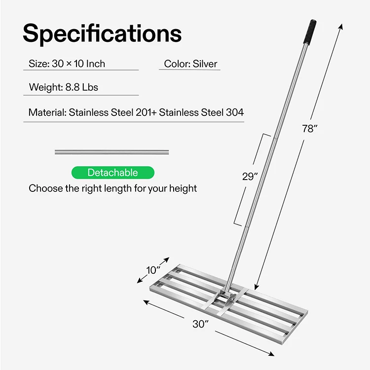 JH-Mech Lawn Leveler 30*10 Inch Heavy-Duty Cold Galvanizing Adjustable Long Handle Stainless Steel Lawn Leveling Rake
