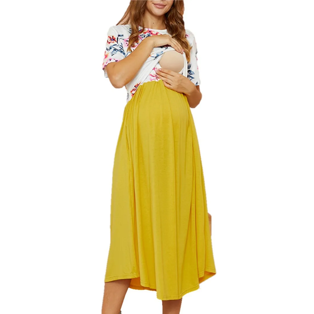 Summer hot selling contrast color maternity dress print short-sleeved loose nursing dress breastfeeding clothes women 2021