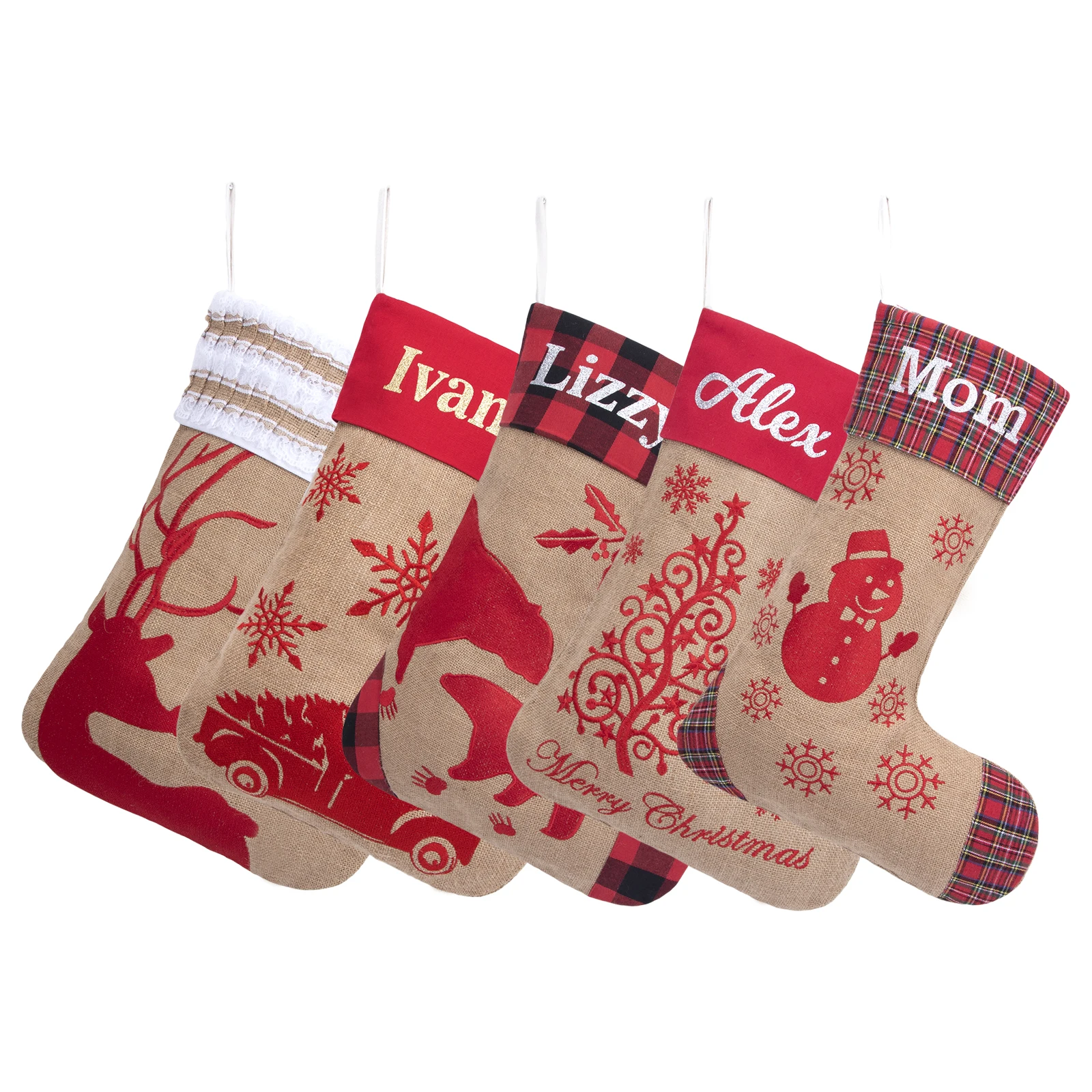 
Family Burlap Rustic Christmas Stocking Set of 5 (Extra Large) Embroidered Linen Christmas Ornament Family Decorations 