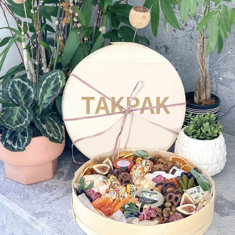 Custom Wooden Round Take Out Food Containers Veneer Cheese Platter Grazing Charcuterie Board Cake Bakery Christmas