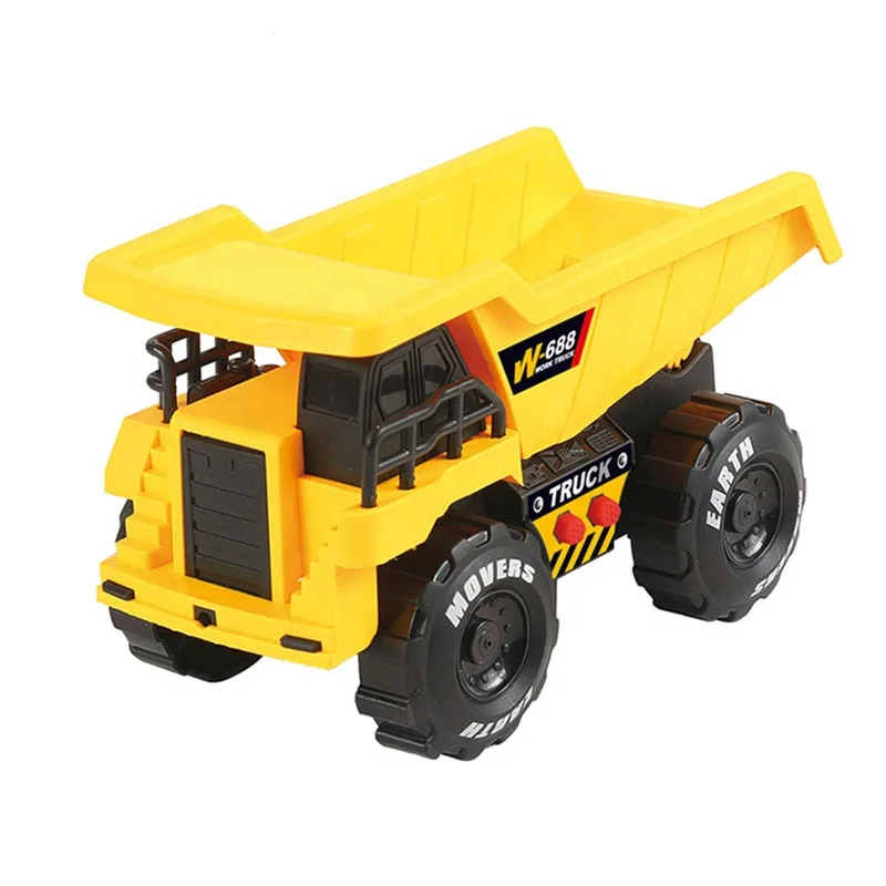 Children play inertial engineering model plastic friction toy dump truck with light and music
