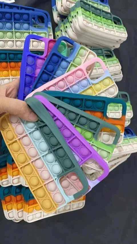 
tie dye mix color pops it Phone Case Silicone Shockproof 2 in 1 Back Cover Push Bubble Fidget Toy Phone Case for iPhone 12 