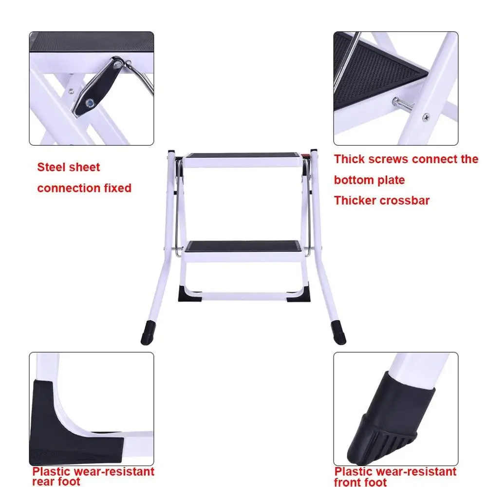2 Step Ladder Folding Step Stool Steel Ladder Sturdy and Wide Pedal Mini-Stool