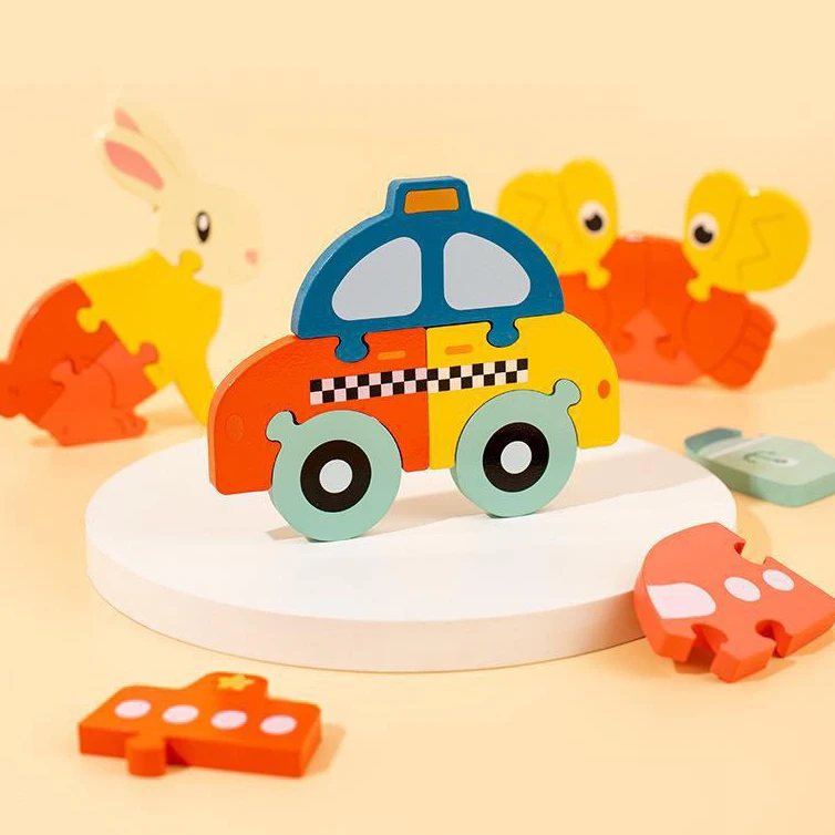 Hot Selling New Creative Early Education Learning 3D Geometric Jigsaw Board Wooden Cartoon Animal Puzzle Classical Wooden Toy