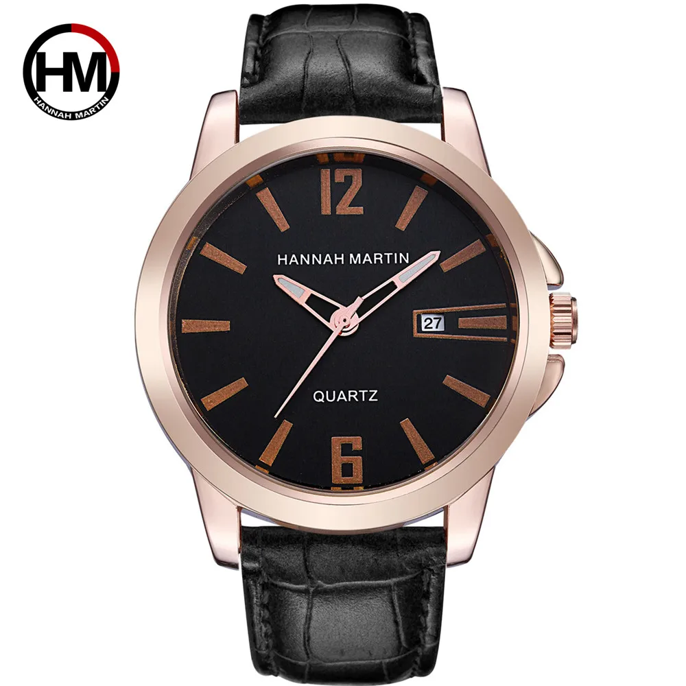 HANNAH MARTIN WATCH FACTORY OEM Stock Supply Business Leather Strap Anti-magnetic Simple Fashion Private Label Quartz Watch Men