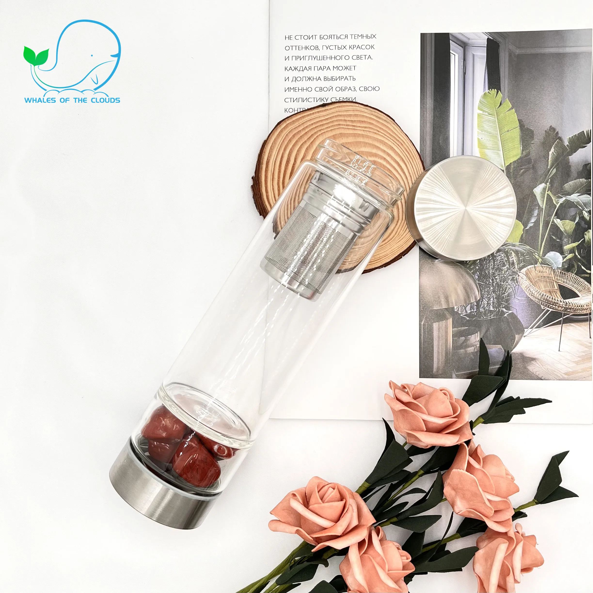 Glass Water Bottle Bamboo Lid Gemstone Water Bottle with crystal inside Natural Crystal Infused Chips