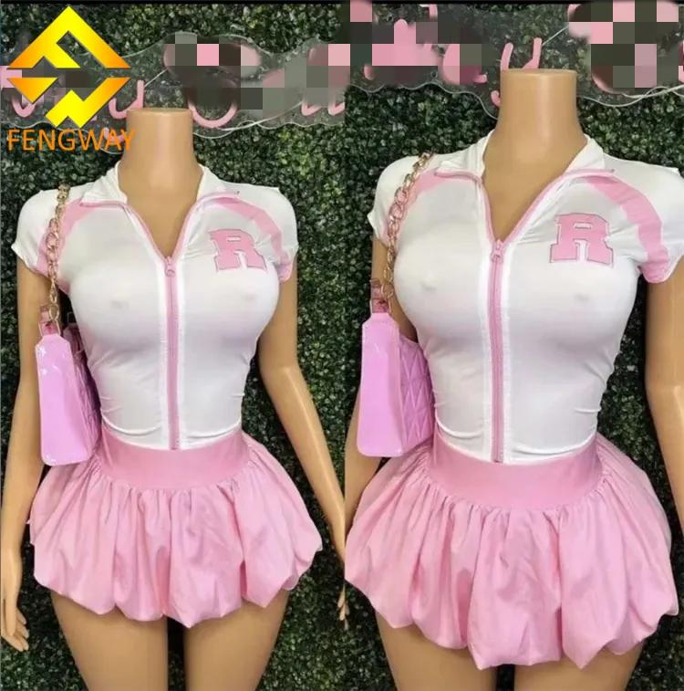 2024 New Fashion Casual Two Piece Sets Summer Letter Zip Up T Shirt With Bubble Skirt Ladies  Skirt Puffer Women Outfits