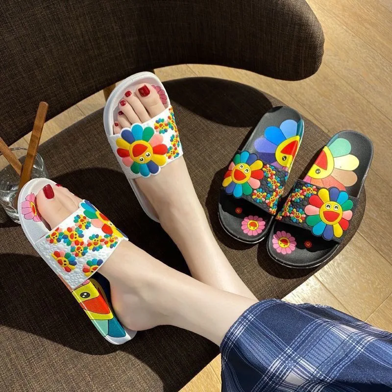 Summer Slippers for Women Fashion Outdoor Beach Sandals Sun Flower Slides Slippers Indoor Home Bathroom Anti Slip Cozy Leisure