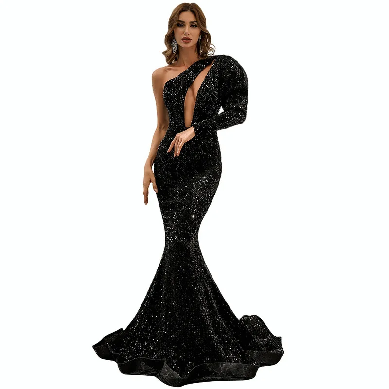 
DS1226 One Shoulder Irregular Hollow Out Women Sequins Long Sleeve Mermaid Gowns Vestido De Festa Prom Evening Dress 
