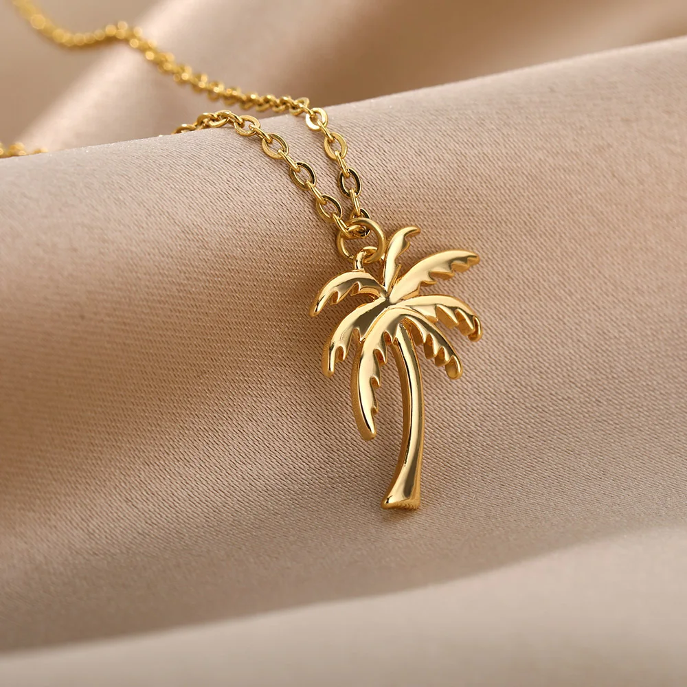 Small MOQ Wholesale Gold Plated Stainless Steel Palm Tree Necklace Coconut Pendant Jewelry