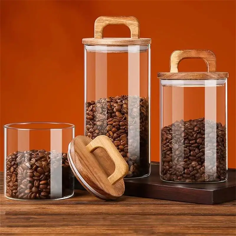 Kitchen Multi-grain Orange Peel Coffee Beans Glass Sealed Storage Tank Large Capacity Multi-size Solid Wood Cover Storage Tank