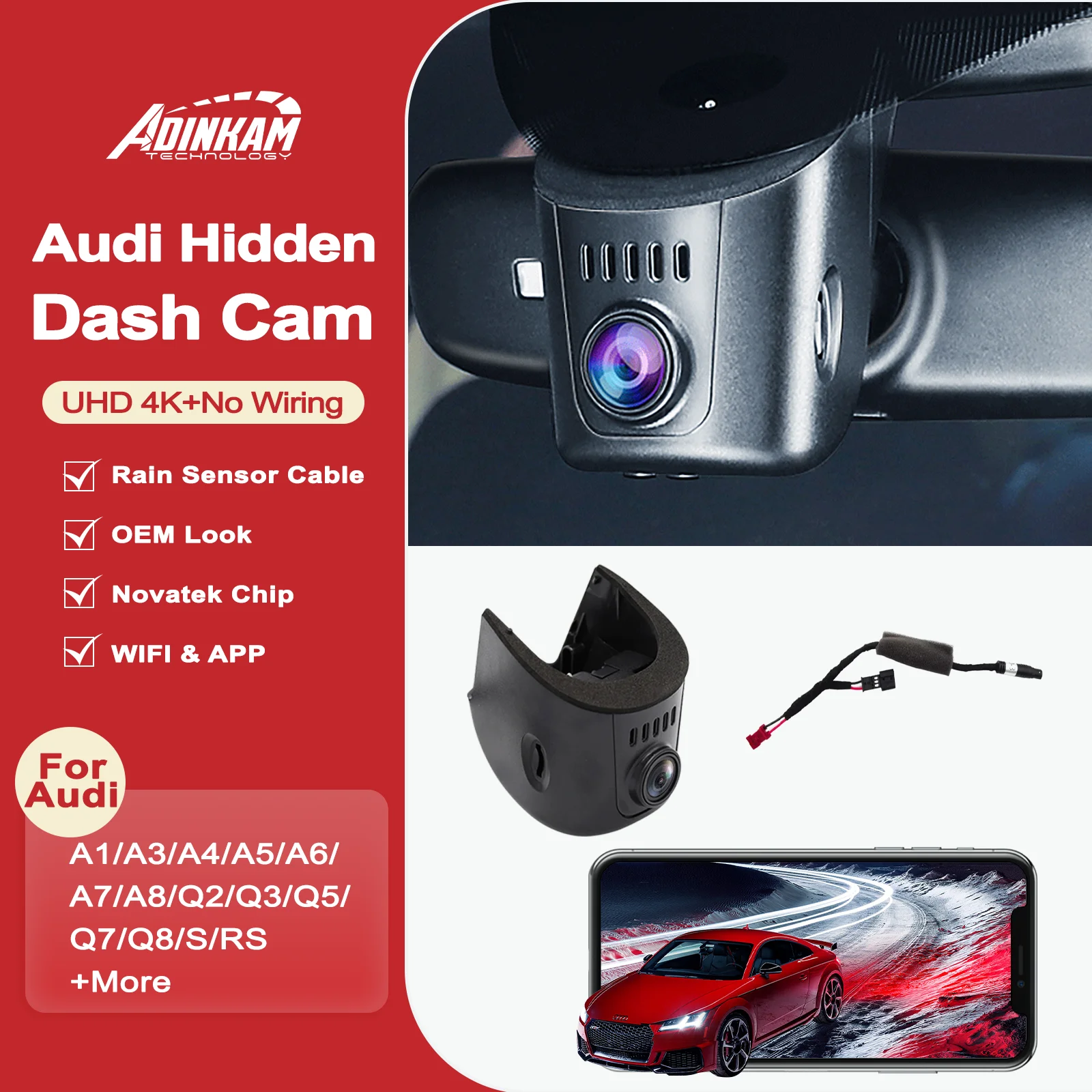 Adinkam UHD 4K No Wiring Hidden Dash Cam for Audi WIFI &APP 2019-2024 A1 A3 A4 A5 A6 A7 A8 Q2 Q3 Q5 Q7 Q8 RS S S5 S8 SQ5 SQ8 TT