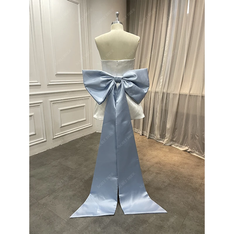 Minimalist Bridal Cheap Big Blue Bow Wedding Reception Short Gown Women Princess Mini Satin Wedding Dresses with Puffy Sleeves