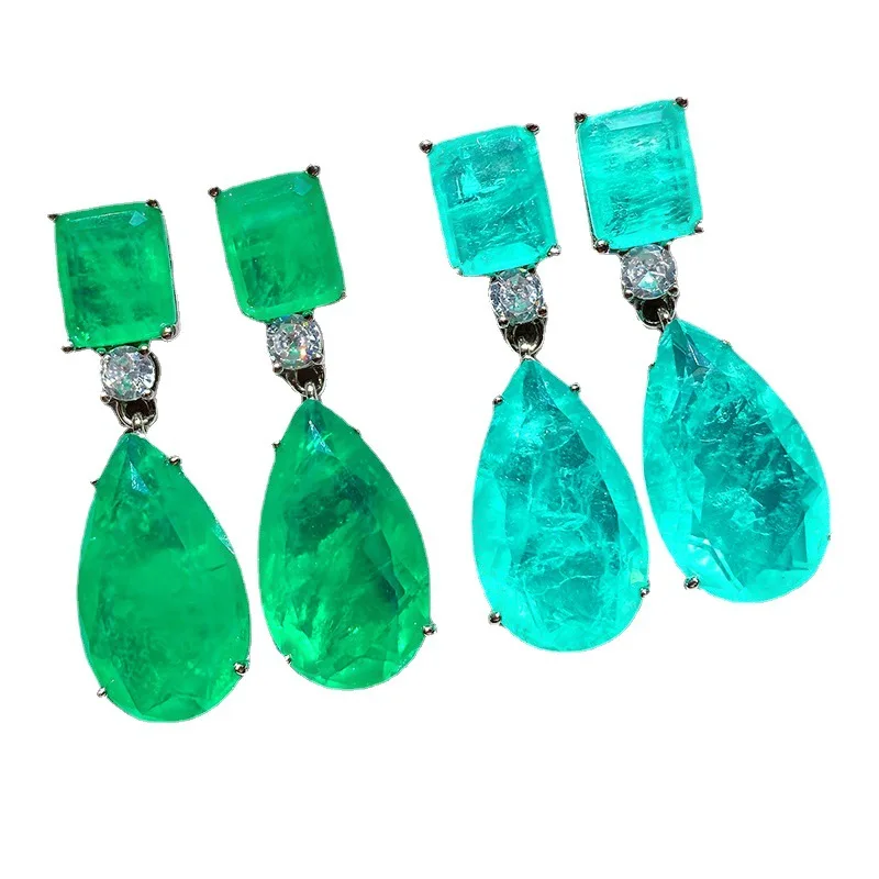 Natural Glass Stone Green Emerald And Pariba Tourmaline Drop Of Water Shape Jewelry Wholesale With CZ Fashion Earrings