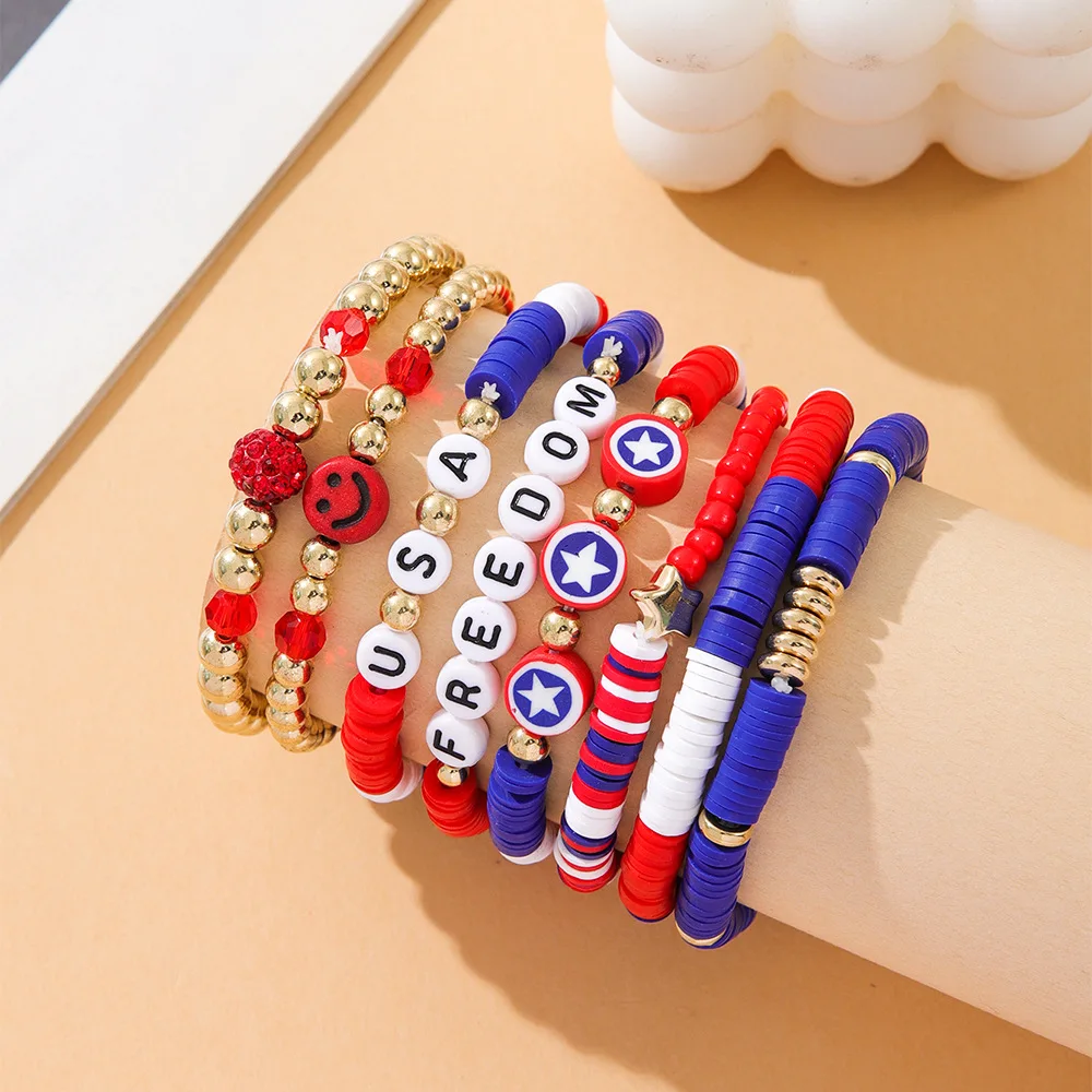 Hstyle  4th of July Bracelets Red White Blue Bracelets USA Clay Bead Bracelets Patriotic Summer Beach Beaded Stackable Jewelry