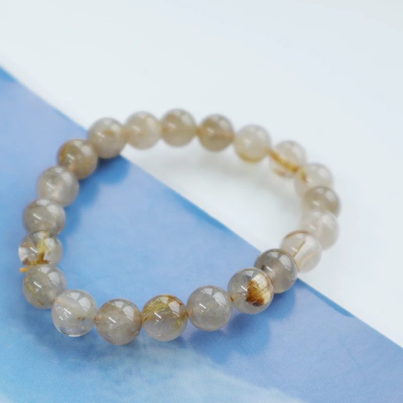 Round Beads Elastic Stretchable Bracelet Rutilated Quartz Crystal Genuine Natural for Men Women 8mm Golden Ball Gemstone Beads -