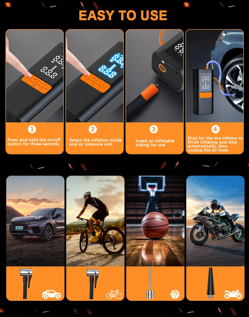 Car Tire Inflator Pump Portable Air Compressor 150PSI Electric Bike Tire Pump With LED Light For Motorcycle, Ball, Car