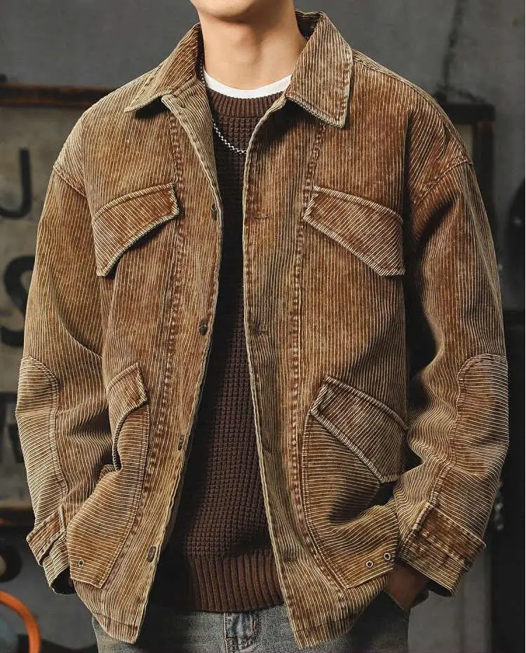Customizable Jacket Men Flat Pocket Brown Corduroy Button Closure Stand Collar Casual Winter Style Solid Loosely Weaved