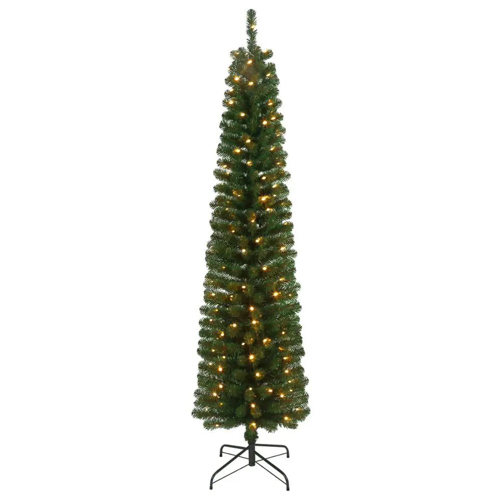 6.5ft pre-lit snowing PVC artificial tree flocked Xmas slim tree with LED Christmas decorations pencil Christmas tree