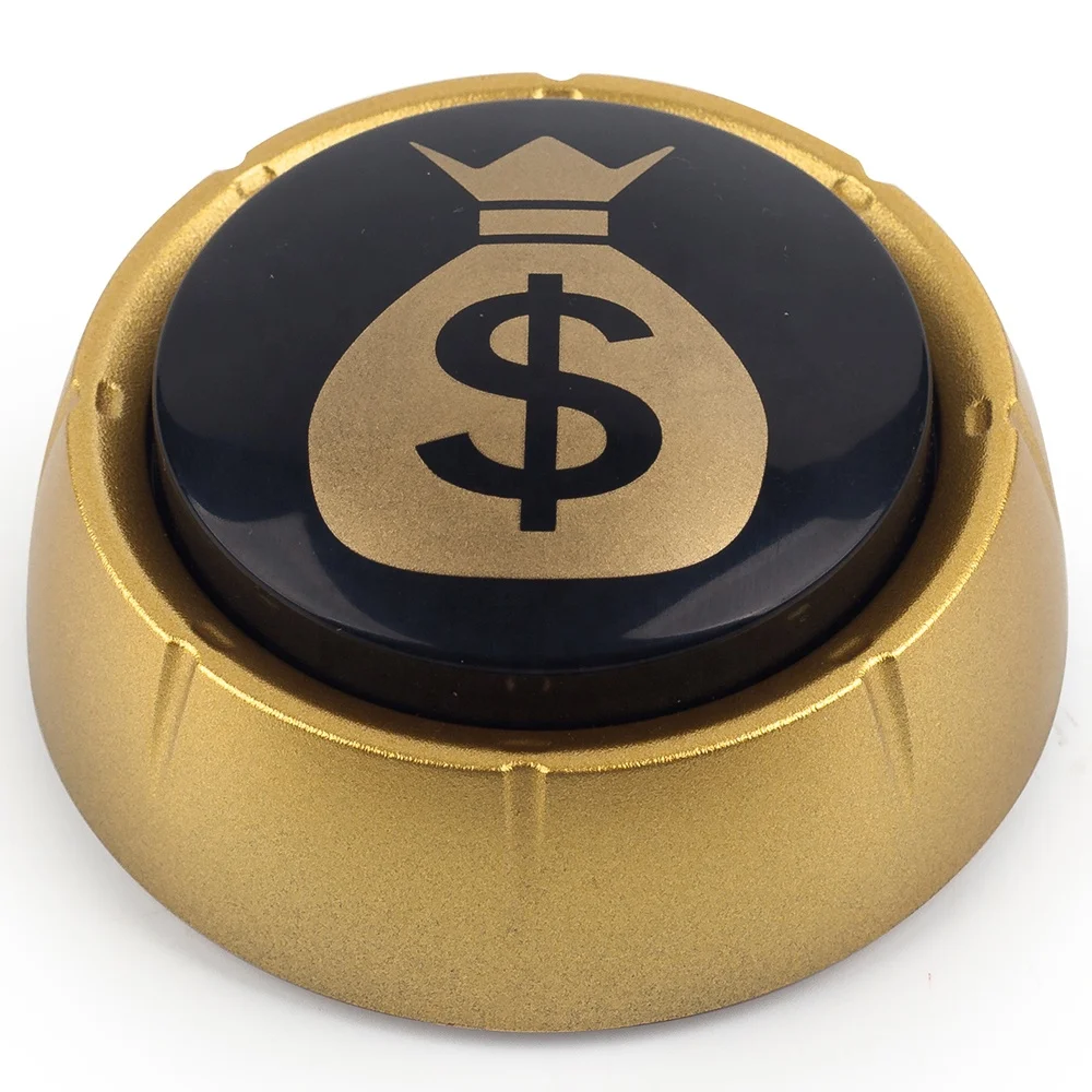 Cash register sound button makes a loud tea-clear noise Big dollar sign Shiny gold Bling base