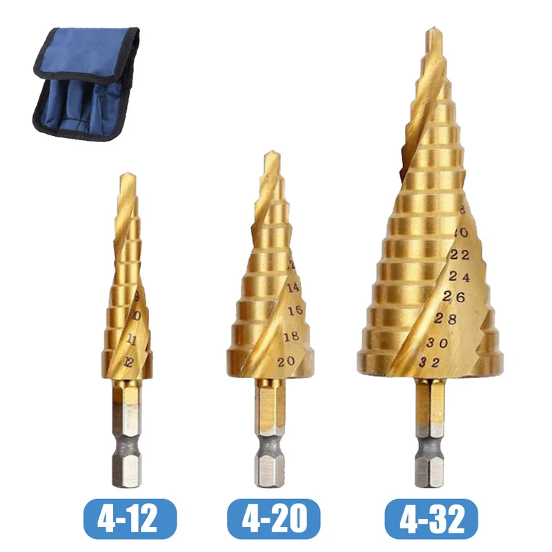 3pcs screw Titanium-Coated High-Speed Steel Step Drill Bit Set Quick Change 4-32mm  Hex Shank Metal Hole Cutter