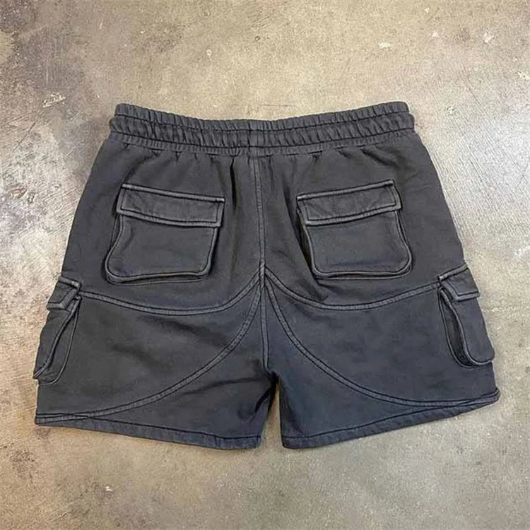 Custom Embroidered Logo Sweat Shorts Drawstring Multi Pocket Drawstring Black Cotton Acid Washed Cargo Shorts For Men