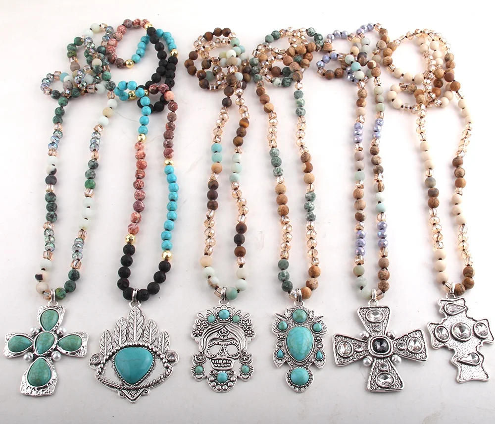 Religious Jewelry Turquoise Natural Stone Crystal Glass Necklace Alloy Stone Cross Pendant Necklace Western Jewelry