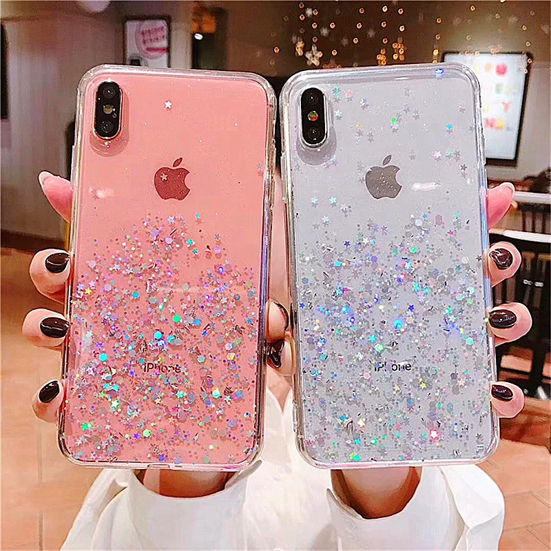 Роскошный блестящий чехол с блестками и звездами для iPhone 11 Pro XS MAX XR X прозрачный силиконовый iphone 8 7 6 6S