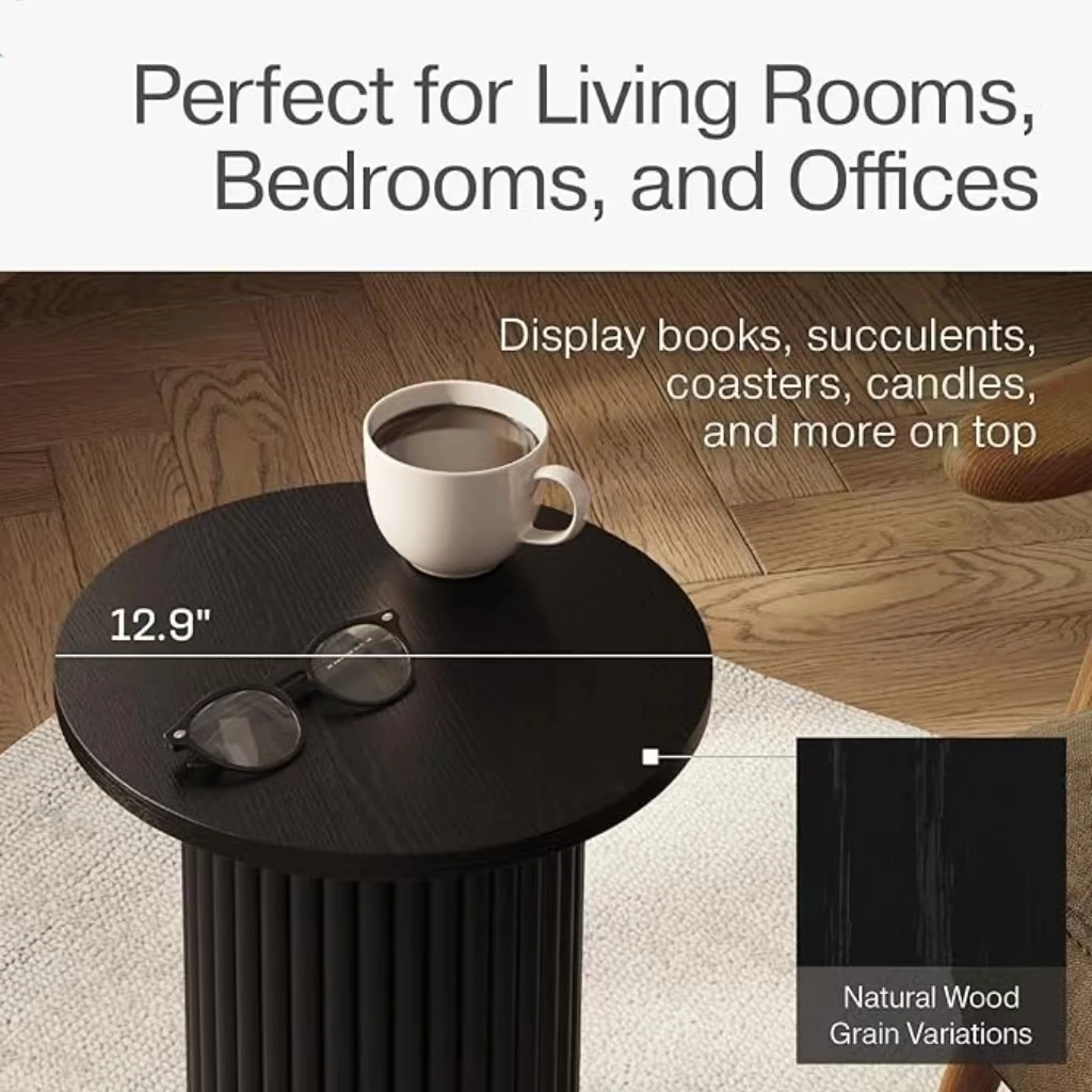 2024 Small Wooden Round End Table with a Solid Oak Base and Wood Veneer Top