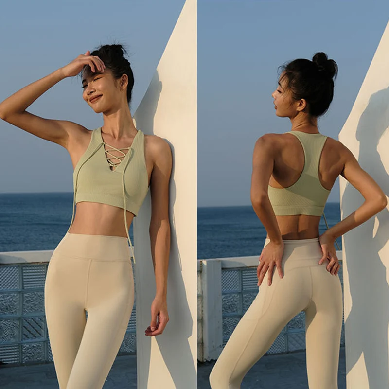 Summer Lace Up Sexy Sctive Sports Bra Herringbone Vest Yoga Suit Push Up Running Quick Drying Women Yoga Vest