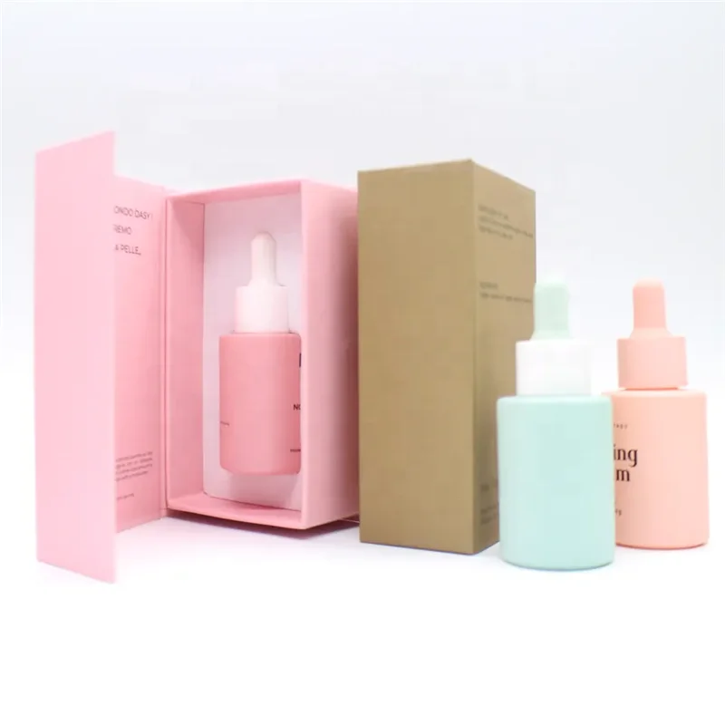 1oz 2oz 30ml 50ml Luxury Round Shape Pink Cosmetic Face Serum Essential Oil Glass Dropper Bottle With Packaging Box