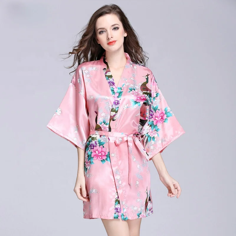 
Satin sleepwear factory kimono women silk printed floral robe 