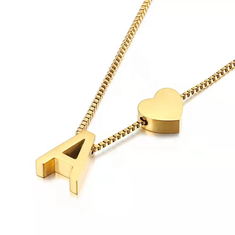 Fashion 18k Gold Plating 26 Letters Alphabet Necklace Stainless Steel Heart Letter Charm Necklace For Women