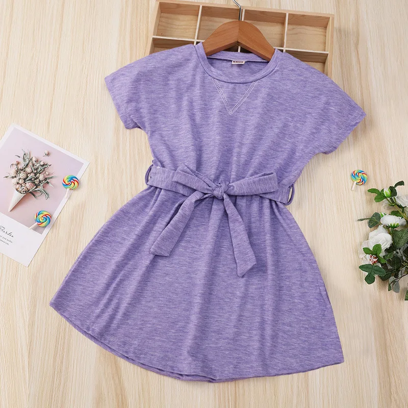 Custom Girls Kids Cotton Dresses Party Princess Designs Frock Short Sleeves Cotton Children Girl Dress With Belt