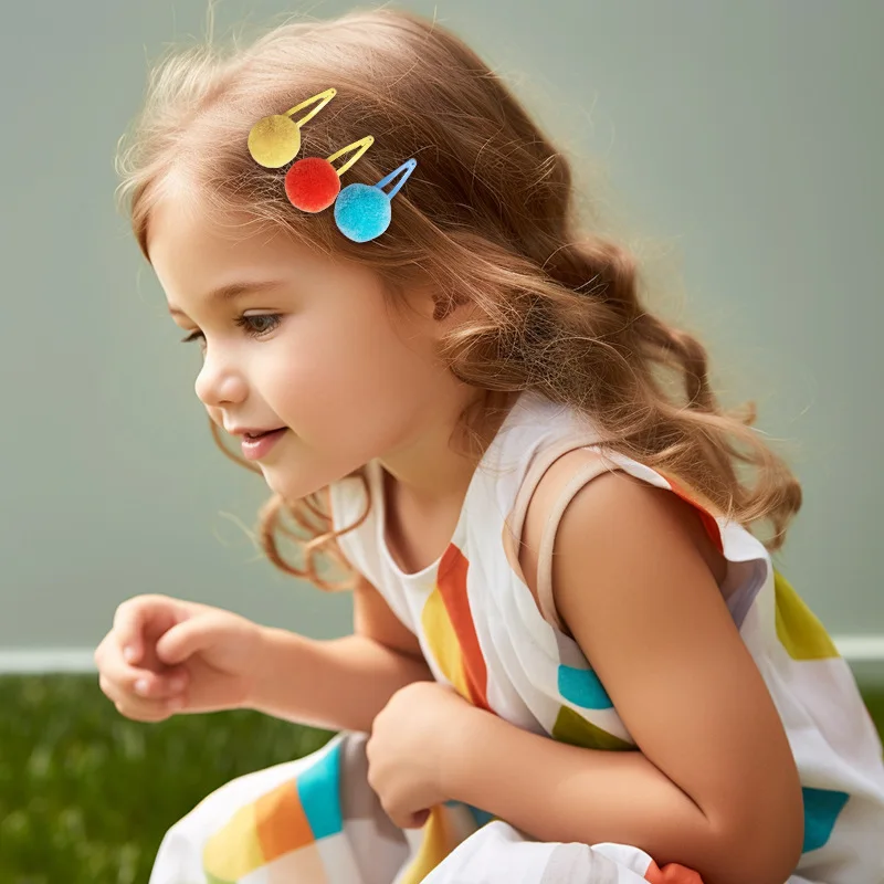 Kids Girls Solid Ribbon Hair Bow Elastic Tie Hair Clips With Pom Pom  Hairpins Cute Barrettes