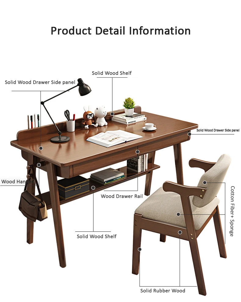 Customized Solid Oak Wood Table Modern Durable Study Room Fashion Desk with Storage Drawers