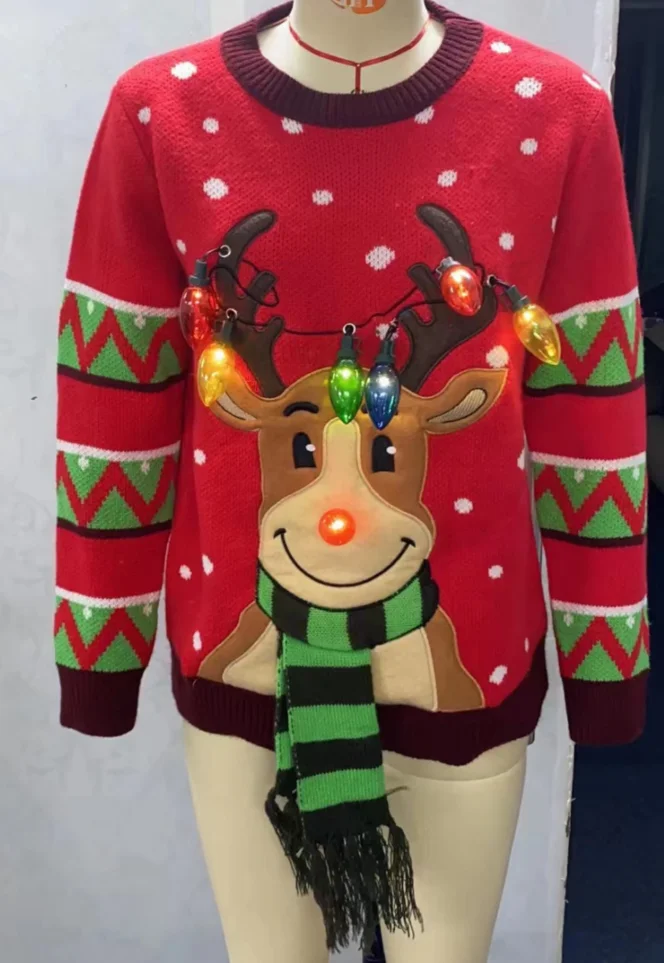 New Arrival Christmas Xmas Jumper Factory Custom Women Adult Jacquard Deer Music Ugly Christmas Sweater Jumper With Led Lights