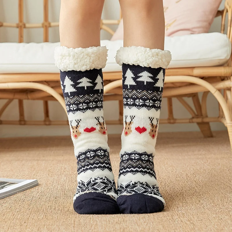 Womens Winter Thick Knit Sherpa Fleece Lined Thermal Fuzzy Slipper Socks With Grippers Christmas Fluffy Cabin Socks