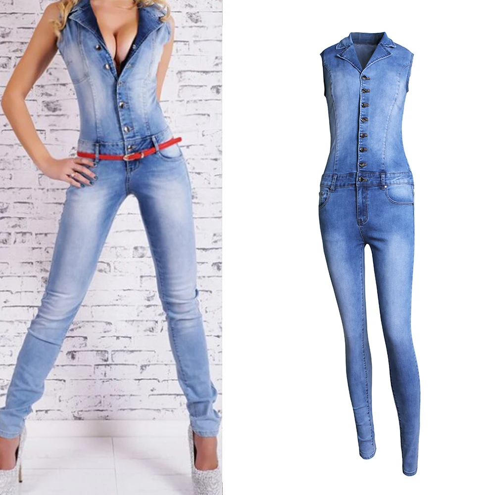 
2020 Newest Women Overalls ladies jean Jumpsuit Button Closure Placket Jeans 
