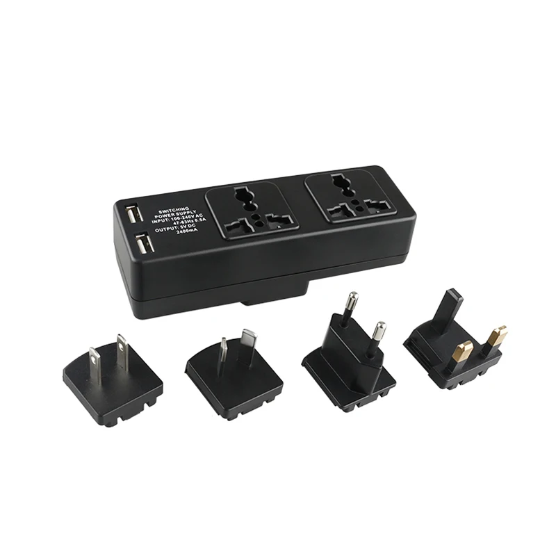 2 Outlets And 2 USB Charger Interchangeable AU EU UK US Plugs Sockets Adapter Surge Protector Power Strip Extension Smart Socket
