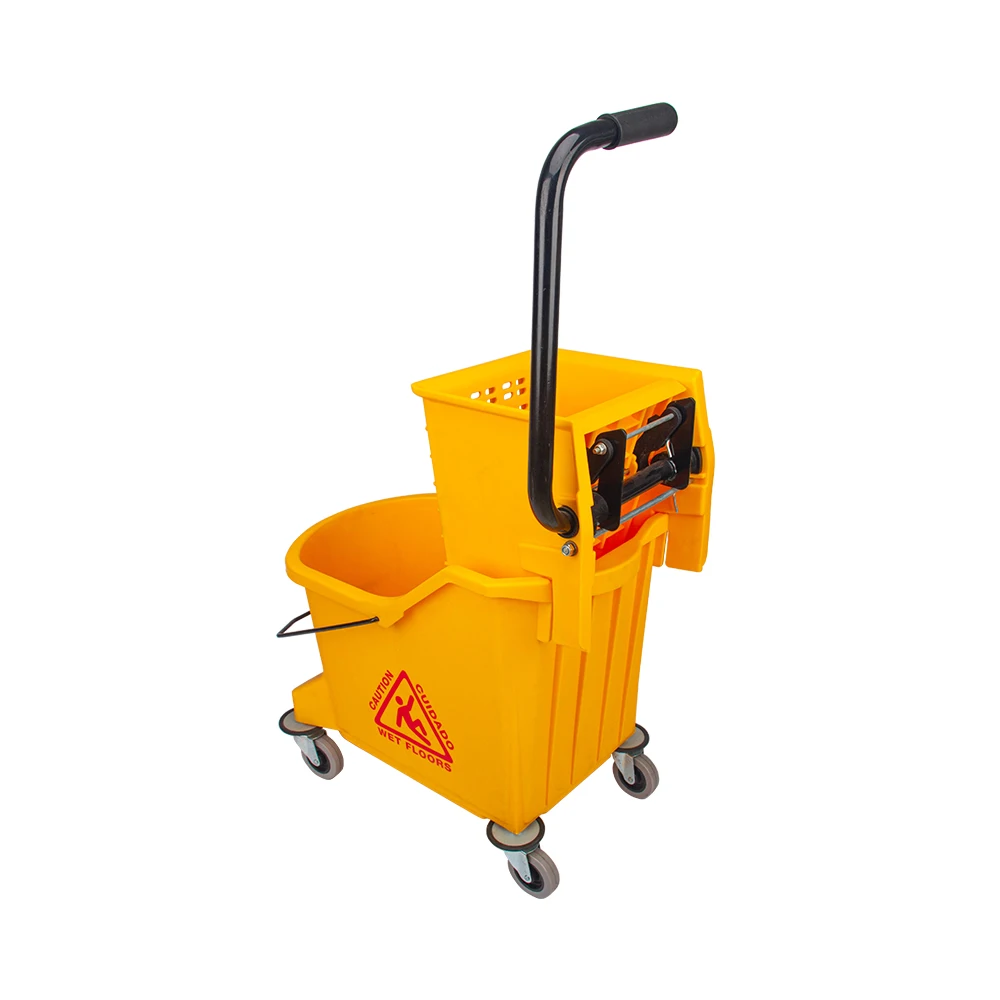 hot sale yellow plastic hospital cleaning side press 33 ltr mop wringer bucket cleaning trolley with 4 wheels